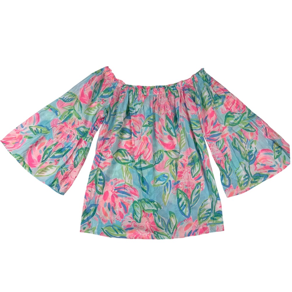 Lilly Pulitzer Off Shoulder Floral Top S Pink Blue Bell Sleeve Rayon‎ Tropical